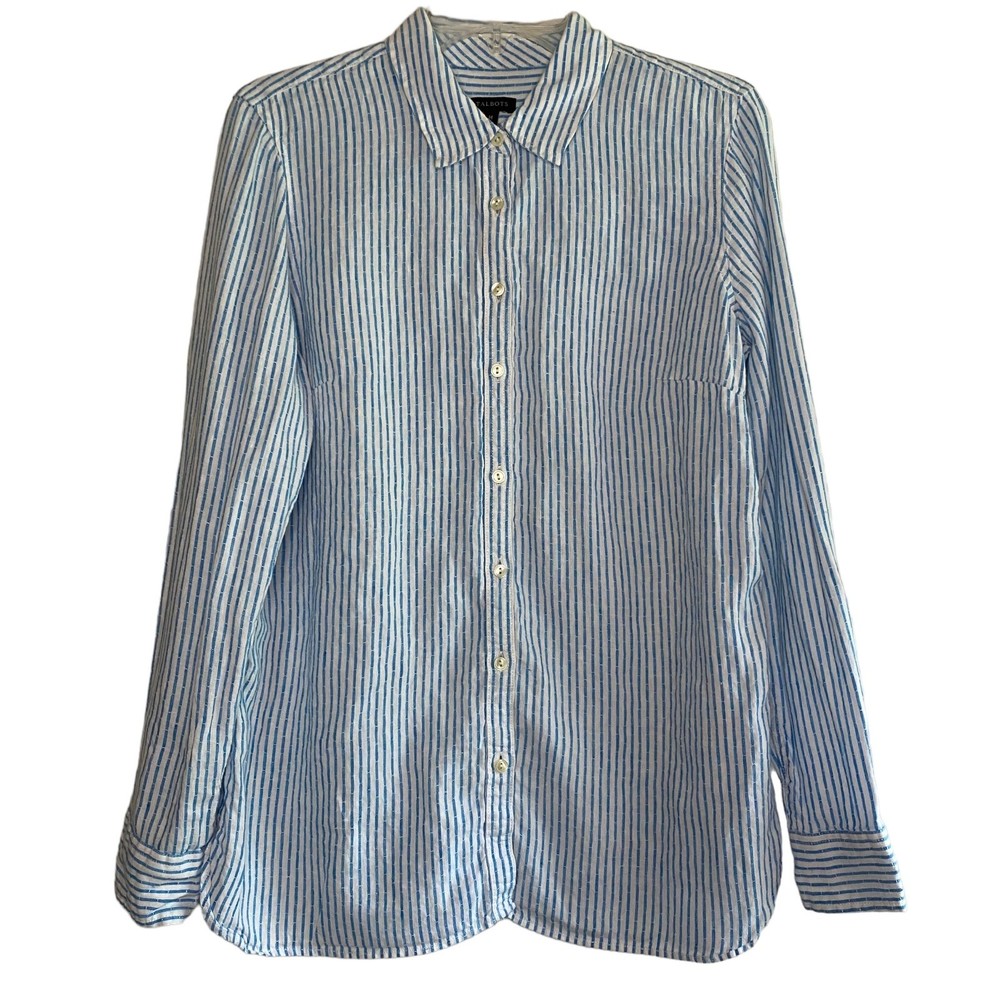 TALBOTS woman's size medium M 100% linen blue white striped button top shirt
